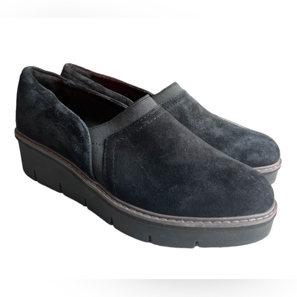 CLARKS AIRABELL MID SLIP ON SUEDE LEATHER WEDGE SHOES BLACK Size 9.5 - Picture 3 of 12
